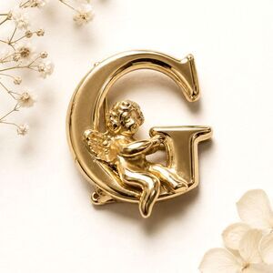 Vintage L. Razza Signed Gold Tone Initial G Brooch with Sitting Angel